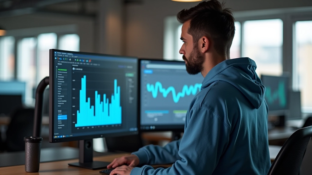 Developer comparing performance metrics from multiple testing tools on computer monitors